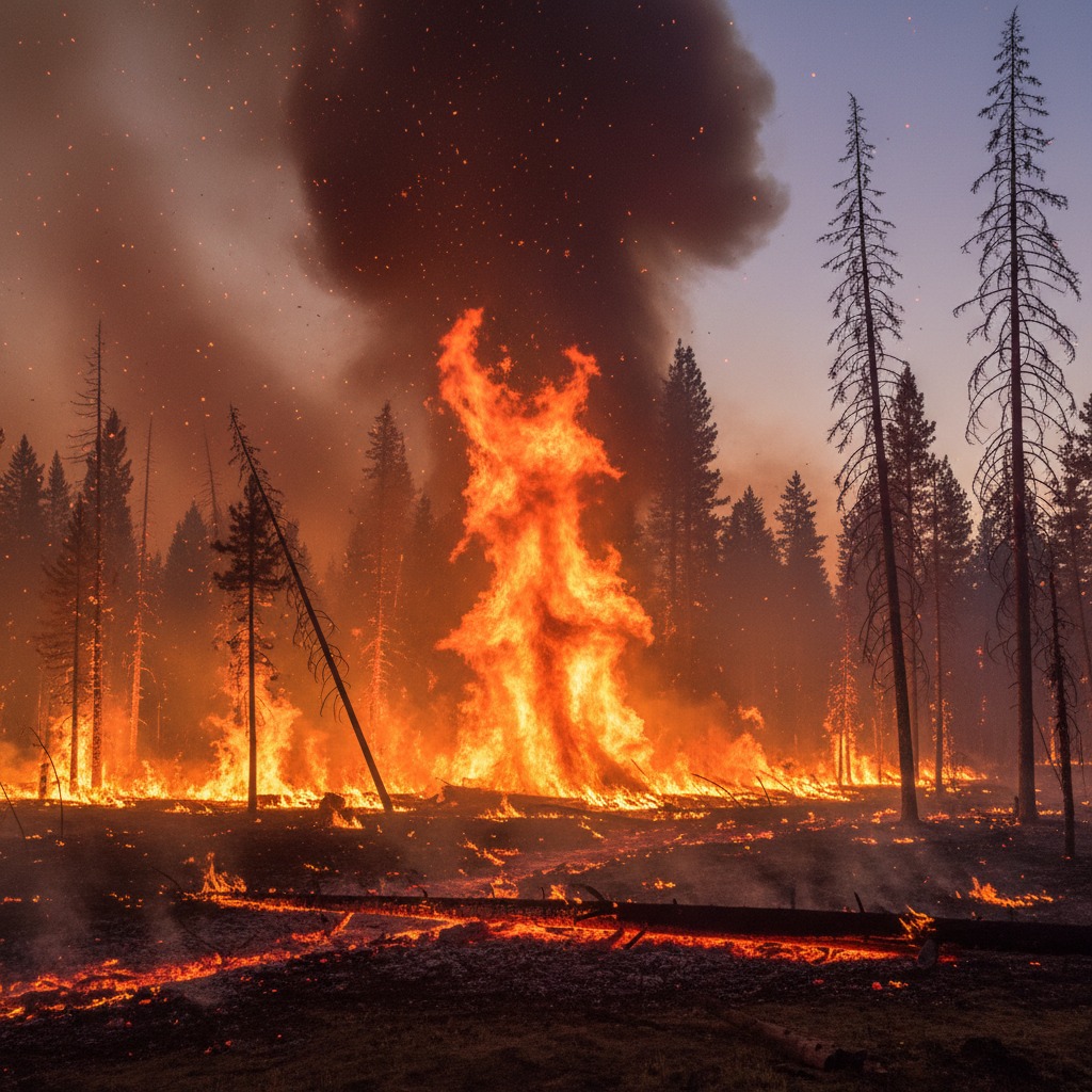 A forest fire burns intensely with tall flames and thick smoke rising into the twilight sky.